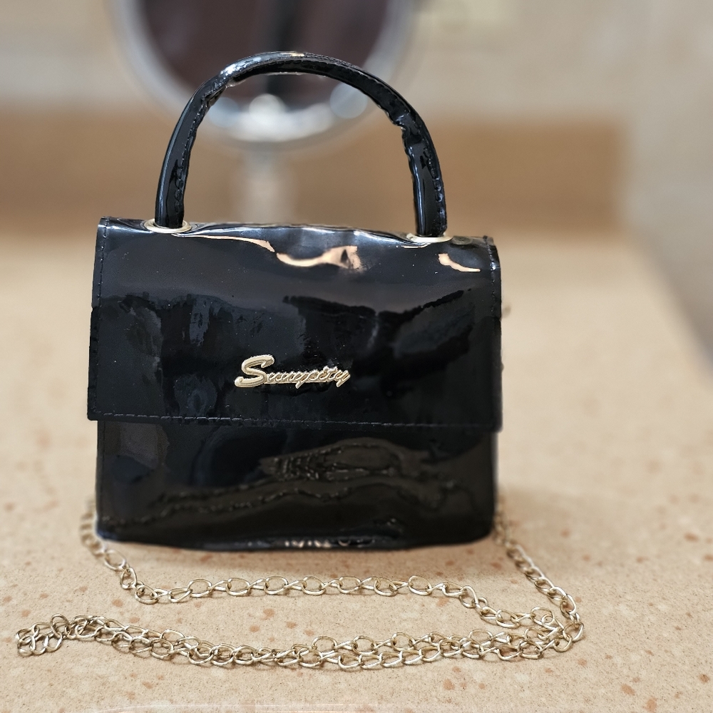 Black Faux Patent Leather Mini Cross Bag With Detachable Gold Tone Link Strap